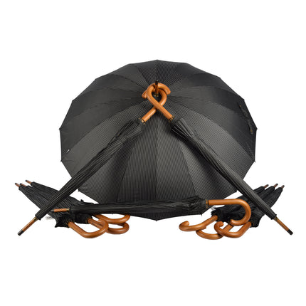 10x Stevige Paraplu's voor Maximale Bescherming - Zwart met Witte Streepjes - Met Houten Handvat - 102cm Diameter