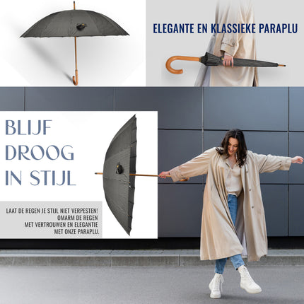 10x Stevige Paraplu's voor Maximale Bescherming - Zwart met Witte Streepjes - Met Houten Handvat - 102cm Diameter