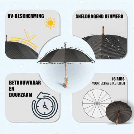 10x Stevige Paraplu's voor Maximale Bescherming - Zwart met Witte Streepjes - Met Houten Handvat - 102cm Diameter