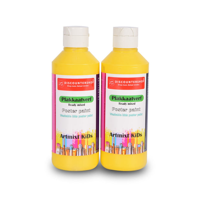 Premium Gele Plakkaatverf Set Van 2 | 5cm Breed | 16cm Hoog | Levendige en Rijke Pigmentatie | 250 ml Elke Fles | Artistieke Waterbasis Verf | Perfect voor Diverse Materialen zoals | Ideaal voor Kunstenaars en Hobbyisten van Alle Leeftijden 