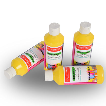 Gele Plakkaatverf | 4 Delige Set | Waterbasis | Ideaal voor Kunst & Knutselwerk | 5cm x 16 cm | Ondoorzichtig en  Gebruiksklaar | Geschikt voor Canvas Hout Papier & Meer | 250 ml Per Fles 