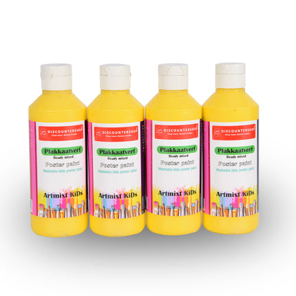 Gele Plakkaatverf | 4 Delige Set | Waterbasis | Ideaal voor Kunst & Knutselwerk | 5cm x 16 cm | Ondoorzichtig en  Gebruiksklaar | Geschikt voor Canvas Hout Papier & Meer | 250 ml Per Fles 