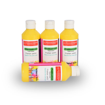 Gele Plakkaatverf | 4 Delige Set | Waterbasis | Ideaal voor Kunst & Knutselwerk | 5cm x 16 cm | Ondoorzichtig en  Gebruiksklaar | Geschikt voor Canvas Hout Papier & Meer | 250 ml Per Fles 