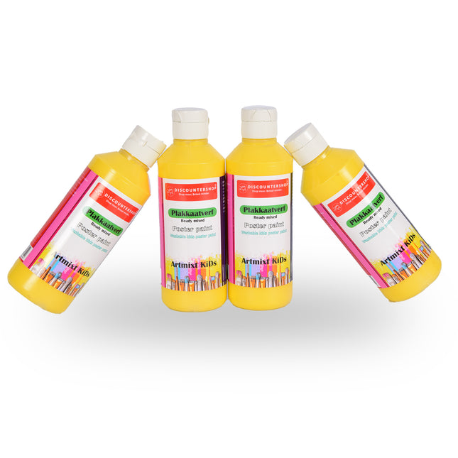 Gele Plakkaatverf | 4 Delige Set | Waterbasis | Ideaal voor Kunst & Knutselwerk | 5cm x 16 cm | Ondoorzichtig en  Gebruiksklaar | Geschikt voor Canvas Hout Papier & Meer | 250 ml Per Fles 