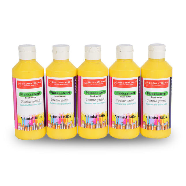 Plakkaatverf Set | 5 Stuks Gele Plakkaatverf | Hoogte 16 cm | 250 ml Elk Fles | Voor Hout Papier Karton Steen Gips Metaal Plastic | Heldere Kleuren |  Ondoorzichtig | Gebruiksklaar 
