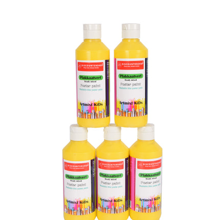 Plakkaatverf Set | 5 Stuks Gele Plakkaatverf | Hoogte 16 cm | 250 ml Elk Fles | Voor Hout Papier Karton Steen Gips Metaal Plastic | Heldere Kleuren |  Ondoorzichtig | Gebruiksklaar 