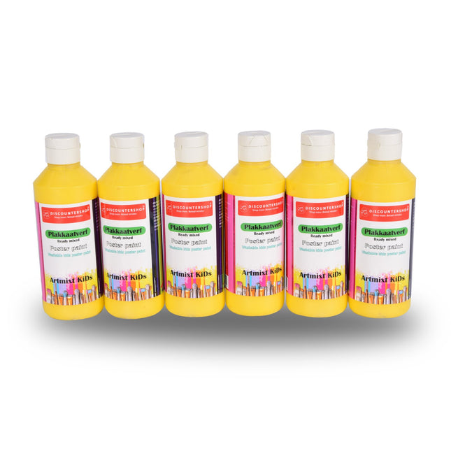 Plakkaatverf Set 6x | Geel | Hoge Pigmentatie | | 5cm Breed | 16cm Hoog | Afwasbaar | Waterbasis Verf voor Kunstenaars & Beginners | Ideaal voor Canvas Hout Steen & Meer | 250 ml 