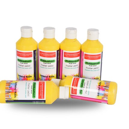 Plakkaatverf Set 6x | Geel | Hoge Pigmentatie | | 5cm Breed | 16cm Hoog | Afwasbaar | Waterbasis Verf voor Kunstenaars & Beginners | Ideaal voor Canvas Hout Steen & Meer | 250 ml 