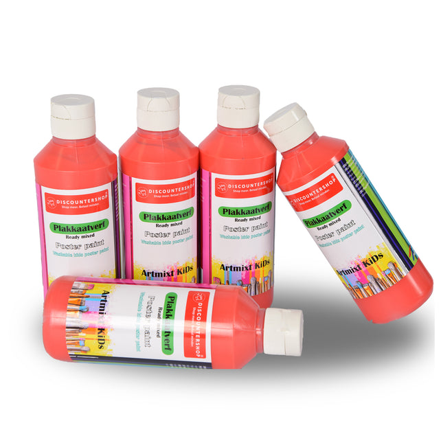 Rood Plakkaatverf Set Van 5 | Geschikt Voor Alle Ondergronden | Hoogte 16 cm | Breedte 5 cm | Elke 250 ml | Voor Volwassenen en Kinderen |  Waterbasis | Droogt Watervast op  