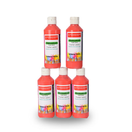 Rood Plakkaatverf Set Van 5 | Geschikt Voor Alle Ondergronden | Hoogte 16 cm | Breedte 5 cm | Elke 250 ml | Voor Volwassenen en Kinderen |  Waterbasis | Droogt Watervast op  