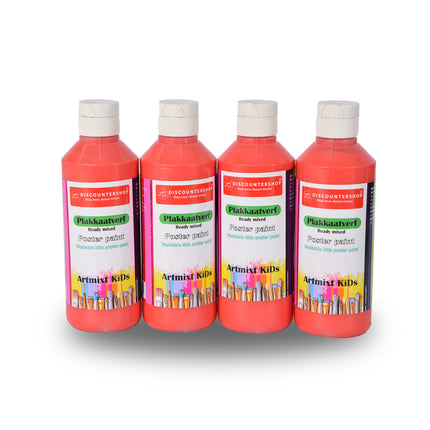 Plakkaatverf Set Rood | 4 Delige | 16 x 5 cm | 250 ml Elk | Geschikt voor Hout Papier Karton Steen Gips Metaal Plastic | Uitwasbaar en Uit Kleding Verwijderbaar | Ondoorzichtig en Droogt Watervast op 