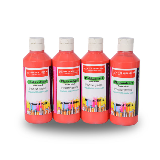 Plakkaatverf Set Rood | 4 Delige | 16 x 5 cm | 250 ml Elk | Geschikt voor Hout Papier Karton Steen Gips Metaal Plastic | Uitwasbaar en Uit Kleding Verwijderbaar | Ondoorzichtig en Droogt Watervast op 