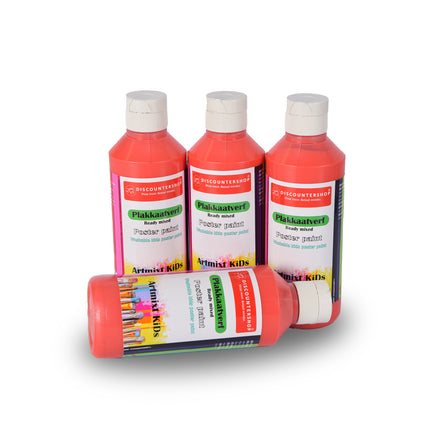 Plakkaatverf Set Rood | 4 Delige | 16 x 5 cm | 250 ml Elk | Geschikt voor Hout Papier Karton Steen Gips Metaal Plastic | Uitwasbaar en Uit Kleding Verwijderbaar | Ondoorzichtig en Droogt Watervast op 