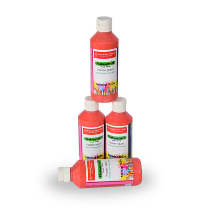 Plakkaatverf Set Rood | 4 Delige | 16 x 5 cm | 250 ml Elk | Geschikt voor Hout Papier Karton Steen Gips Metaal Plastic | Uitwasbaar en Uit Kleding Verwijderbaar | Ondoorzichtig en Droogt Watervast op 
