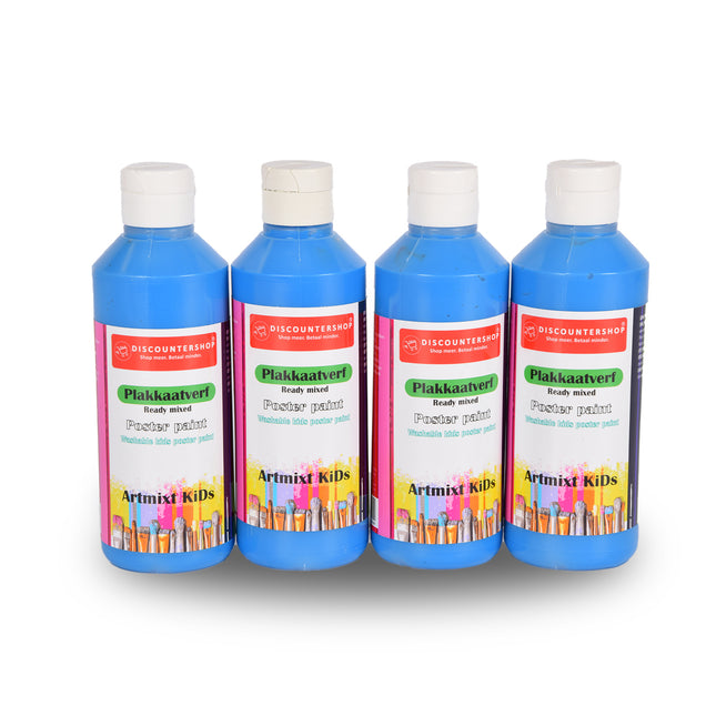 Plakkaatverf Set Van 4 | Levendig Blauw | Uitstekende Dekking op Hout en Canvas | Elk 250 ml - 5cm x 16cm Fles | Waterbasis en Ondoorzichtig | Perfect voor Kunstenaars en Hobbyisten van Alle Leeftijden 