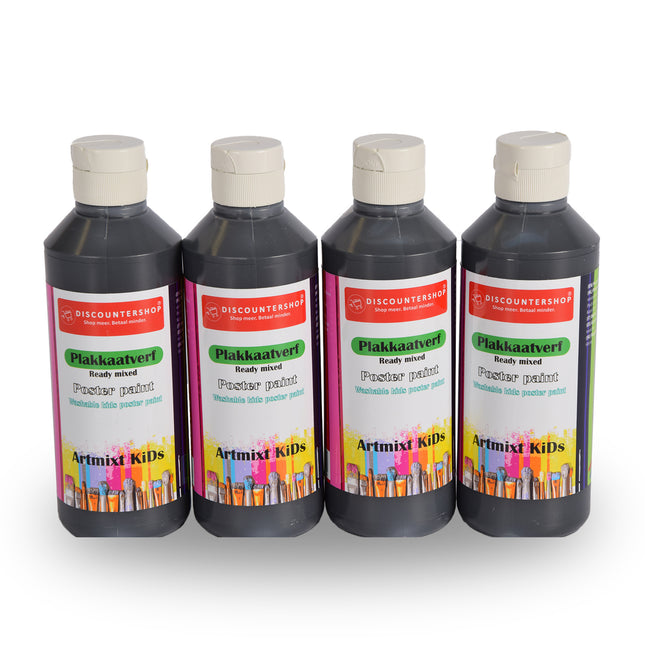 Duik in Creativiteit met Onze Zwarte Plakkaatverf Set 4x | Hoogte 16cm | Breedte 5cm | 250 ml Elk Set | Diverse Ondergronden Gebruik | Ideaal Voor Professionele En Beginners 