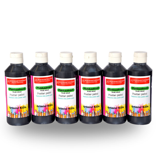 Hoogwaardige Zwarte Plakkaatverf Set voor Volwassenen en Kinderen | 6x Plakkaatverf met Waterbasis Ondoorzichtige Consistentie | 16 x 5 cm | Geschikt voor Alle Ondergronden | Elk Fles 250 ml 