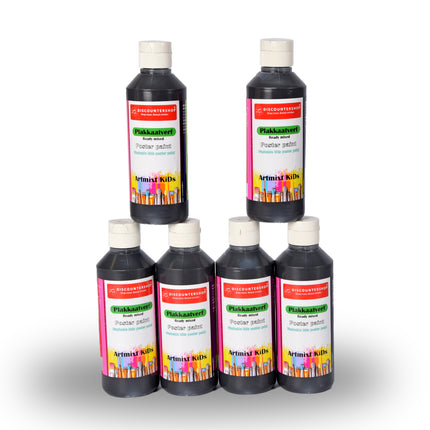 Hoogwaardige Zwarte Plakkaatverf Set voor Volwassenen en Kinderen | 6x Plakkaatverf met Waterbasis Ondoorzichtige Consistentie | 16 x 5 cm | Geschikt voor Alle Ondergronden | Elk Fles 250 ml 