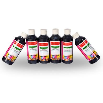 Hoogwaardige Zwarte Plakkaatverf Set voor Volwassenen en Kinderen | 6x Plakkaatverf met Waterbasis Ondoorzichtige Consistentie | 16 x 5 cm | Geschikt voor Alle Ondergronden | Elk Fles 250 ml 