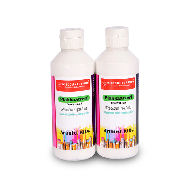 Witte Plakkaatverf Set Van 2 | 5 x 16 cm | 250 ml per fles | Artiesten Verf met Waterbasis | Ondoorzichtige Consistentie | Verouderingsbestendig | Ideaal voor  Posters en Schoolprojecten  