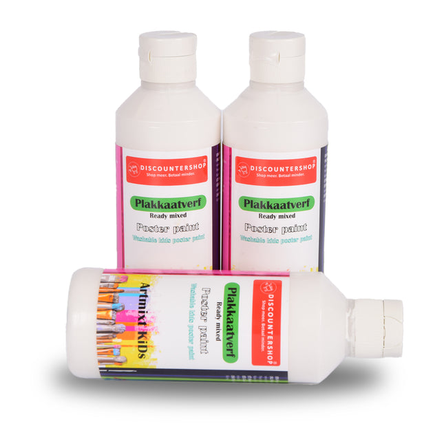 Witte Plakkaatverf Set 3x | Elke Set 250 ml | Verf op Waterbasis met Ondoorzichtige Consistentie | 5cm Breedte | 16cm Hoogte | Artiesten Verf met Doseeropening