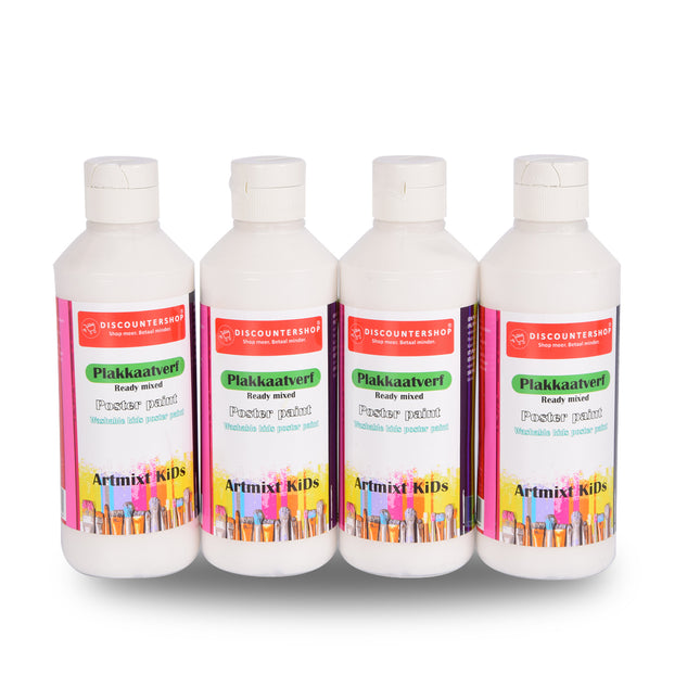 Witte Plakkaatverf Set 4x | Waterbasis | Ondoorzichtige Consistentie | 5x16cm | Elke Set 250 ml | Geschikt voor Diverse Ondergronden |  Ideaal voor Knutselactiviteiten en Schoolprojecten 
