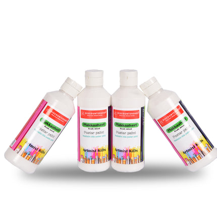 Witte Plakkaatverf Set 4x | Waterbasis | Ondoorzichtige Consistentie | 5x16cm | Elke Set 250 ml | Geschikt voor Diverse Ondergronden |  Ideaal voor Knutselactiviteiten en Schoolprojecten 
