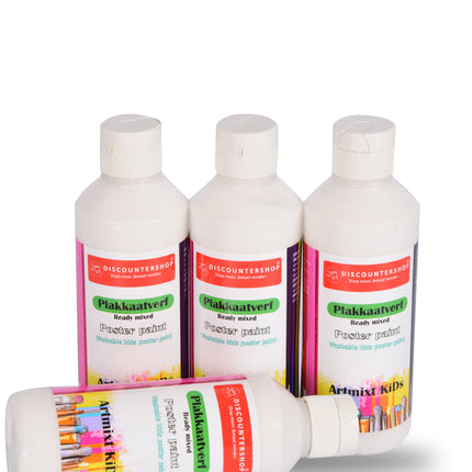 Witte Plakkaatverf Set 4x | Waterbasis | Ondoorzichtige Consistentie | 5x16cm | Elke Set 250 ml | Geschikt voor Diverse Ondergronden |  Ideaal voor Knutselactiviteiten en Schoolprojecten 
