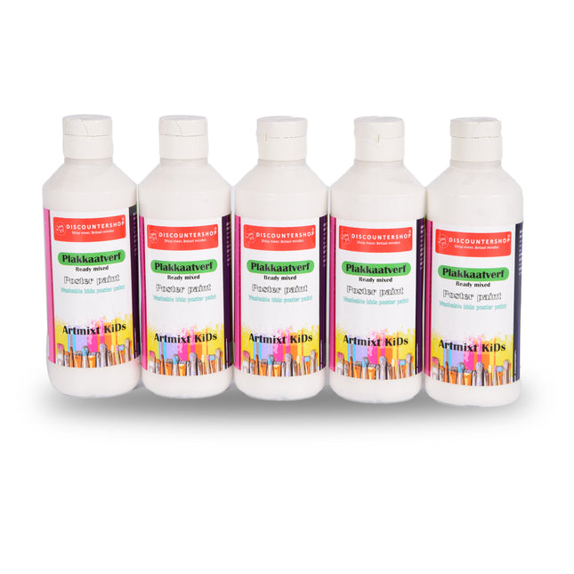 5x Witte Plakkaatverf Set | Artiesten Verf met Waterbasis | Hoge Pigmentatie | Geschikt voor Posters en Schoolprojecten | Afwasbaar en Geschikt voor Alle Ondergronden | 250 ml
