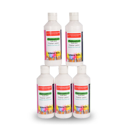 5x Witte Plakkaatverf Set | Artiesten Verf met Waterbasis | Hoge Pigmentatie | Geschikt voor Posters en Schoolprojecten | Afwasbaar en Geschikt voor Alle Ondergronden | 250 ml