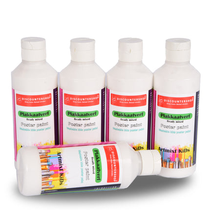5x Witte Plakkaatverf Set | Artiesten Verf met Waterbasis | Hoge Pigmentatie | Geschikt voor Posters en Schoolprojecten | Afwasbaar en Geschikt voor Alle Ondergronden | 250 ml