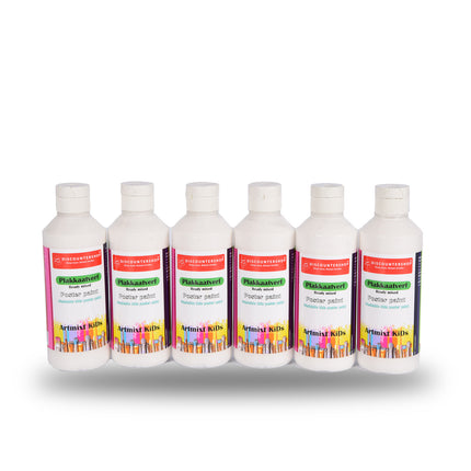 Plakkaatverf Set Van 6 Wit | Waterbasis Heldere & Ondoorzichtige Kleuren | 250 ml Per Fles | Hoog Gepigmenteerd en Lichtecht voor Kunstenaars Schilders | 5cm Breed |16cm Hoog 
