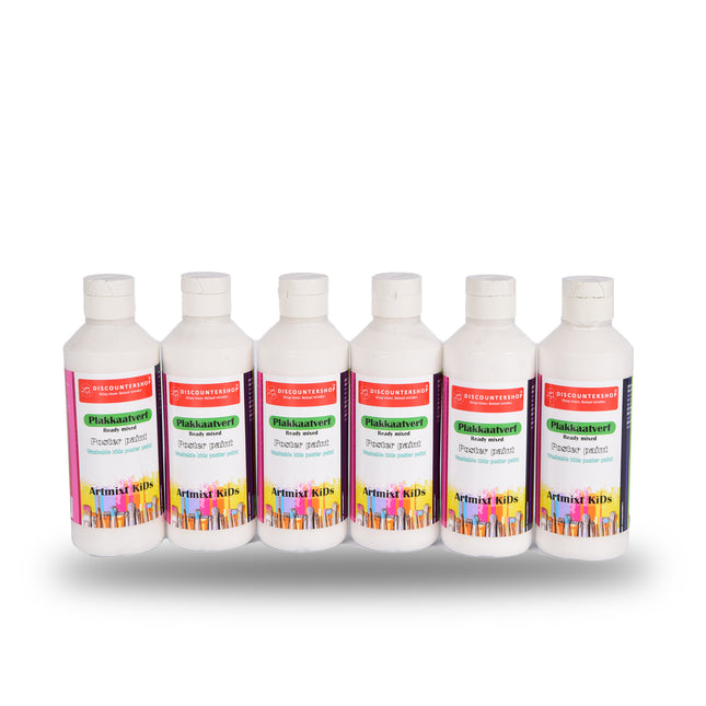 Plakkaatverf Set Van 6 Wit | Waterbasis Heldere & Ondoorzichtige Kleuren | 250 ml Per Fles | Hoog Gepigmenteerd en Lichtecht voor Kunstenaars Schilders | 5cm Breed |16cm Hoog 