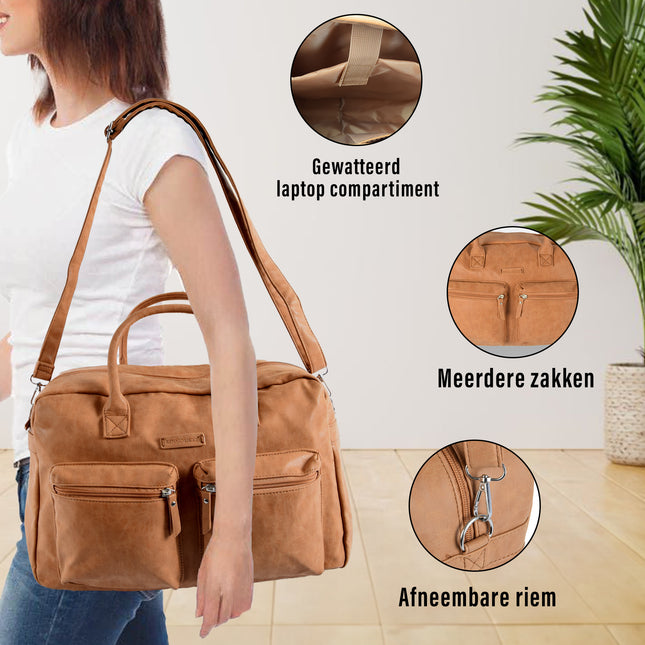 Laptoptas Westernbag- 13 Inch Laptopcompartiment - Camel Kleur - Handtas & Schoudertas - Voor Werk, School & Universiteit - Verstelbare en Afneembare Schouderband