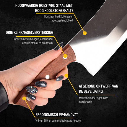 Kwalitatieve Hakmes en Koksmes Combo - RVS, Hout, Zilver & Bruin, 2 stuks, 922g, Breedte 10cm, Lengte 33cm
