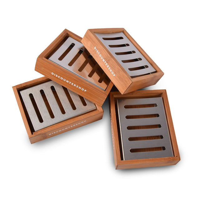 Trendy Bamboe Zeephouder voor Badkamer - Set van 4 - Licht Bruin - Zeepdispenser - 13cm x 10.5cm x 3cm