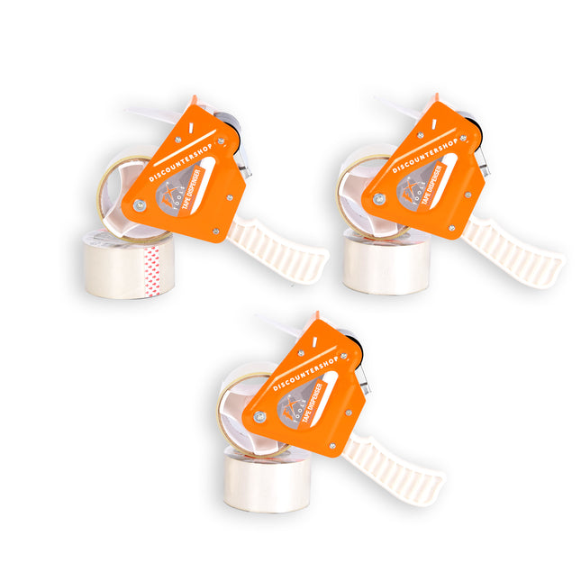 Tape Dispenser Set: 3 Stuks, elk inclusief 6 Tapes (15cm x 48cm) - Plakbandhouder in Wit & Oranje - Vervaardigd uit Plastic & Metaal