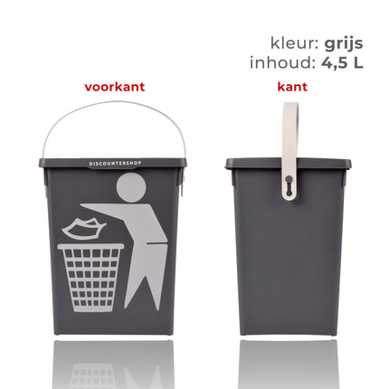 Prullenbak 4.5 Liter | mini tafel prullenbak met deksel & handvat | 14x19x23cm | kunststof aanrecht afvalbak voor kleine keuken | grijze woonaccessoires 