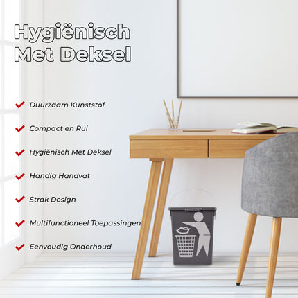 Prullenbak 4.5 Liter | mini tafel prullenbak met deksel & handvat | 14x19x23cm | kunststof aanrecht afvalbak voor kleine keuken | grijze woonaccessoires 