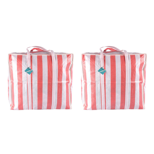 Twee stuks Handige Wastas met Rits - Rood-Wit - 55cm x 30cm x 50cm - 360g - 82 Liter - Shopper Tas XXL 