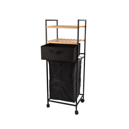 Stijlvol Vrijstaand Badkamerrek - Modern Badkamer Opbergrek met Wasmand - Handdoekrekken | Bamboe en Metaal | 38x105.50x33 cm