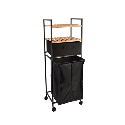 Stijlvol Vrijstaand Badkamerrek - Modern Badkamer Opbergrek met Wasmand - Handdoekrekken | Bamboe en Metaal | 38x105.50x33 cm