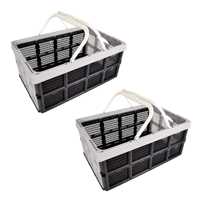 Twee Handige Opvouwbare Plastic Opbergboxen - 40 Liter - Grijs/Zwart - Met Dubbele Zijhandvatten - Afmetingen: 50cm x 34cm x 24cm