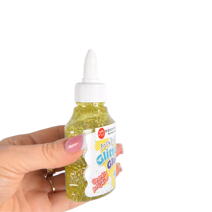 Geel Glitterlijm | Sneldrogende en Uitwasbare Knutsellijm voor Creatief Ontwerp | Slijm Maken en Decoreren | 90ml in Tube met Fijne Doseerpunt | Kindvriendelijk en Ideaal voor Hobby's en Modelbouw