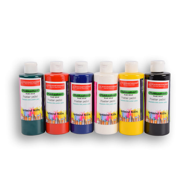 6 stuks x 250ml | Plakkaatverf | Knutselverf | voor kinderen | 98% natuurlijke ingrediënten | 16cm*5cm
