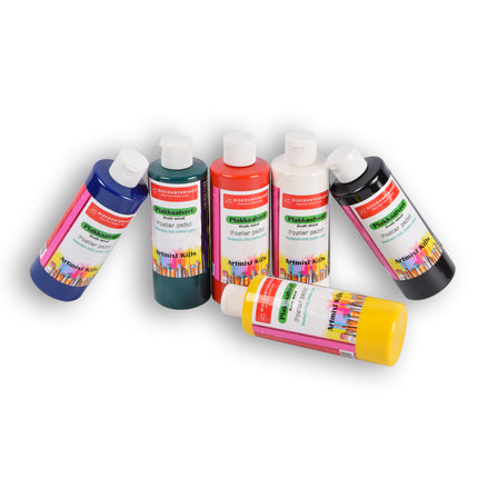 6 stuks x 250ml | Plakkaatverf | Knutselverf | voor kinderen | 98% natuurlijke ingrediënten | 16cm*5cm