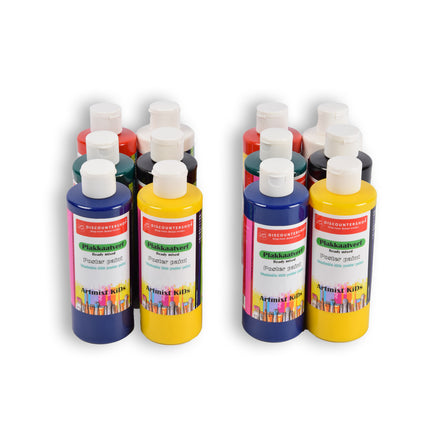 12 stuks x 250ml | Plakkaatverf | Knutselverf | voor kinderen | 98% natuurlijke ingrediënten | 16cm*5cm
