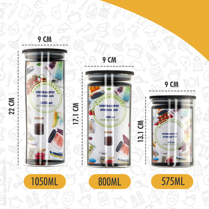 Voorraadpotten Set 3-Delig | Glazen Voorraadbussen 575ML, 800ML, 1050ML | Luchtdichte Deksel | BPA-vrij