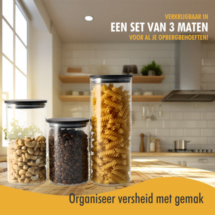 Voorraadpotten Set 3-Delig | Glazen Voorraadbussen 575ML, 800ML, 1050ML | Luchtdichte Deksel | BPA-vrij