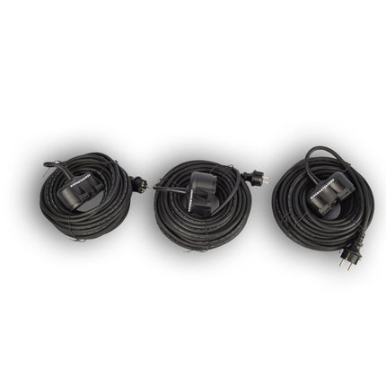 3x Robuust Rubber Verlengsnoer met 2 stopcontacten – cable - 3G1.5MM² - Zwarte - Max 3500 Watt, 20m Kabellengte - IP44 - waterbestendig - 230V